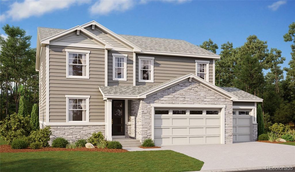 Front exterior of a new home in The Aurora Highlands, Aurora, CO, highlighting curb appeal (Image 5).