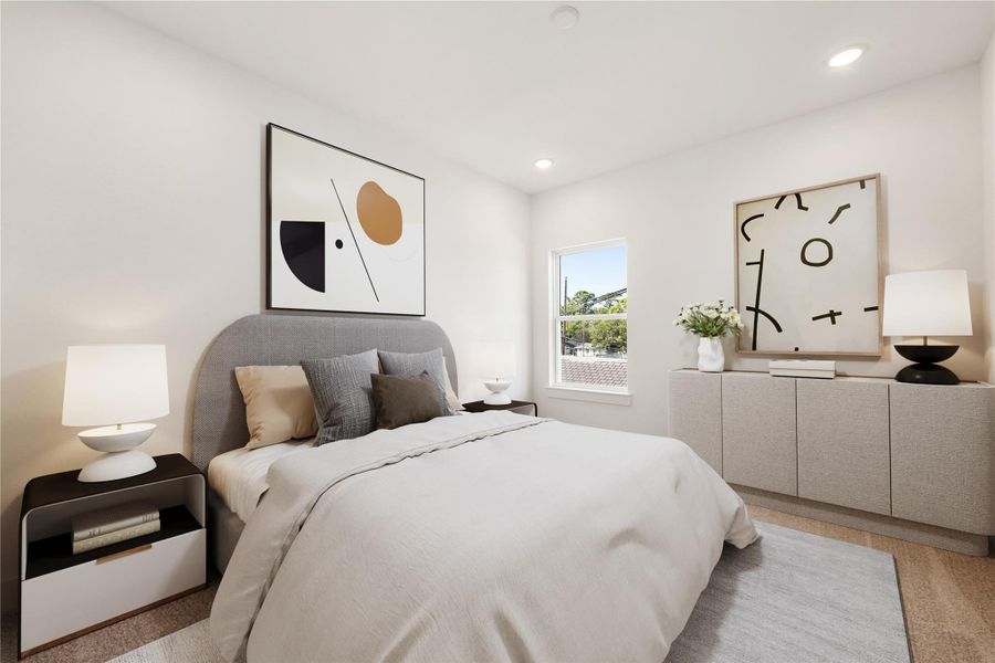 This secondary bedroom combines comfort and style, featuring plush carpeting, neutral paint, recessed lighting, a large window, and a spacious closet. *Virtually Staged