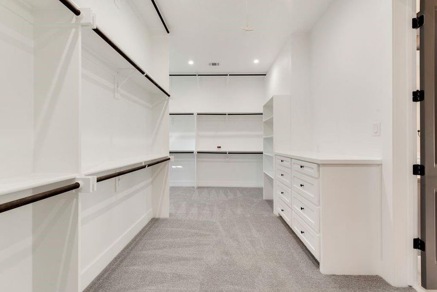 Spacious closet featuring light colored carpet