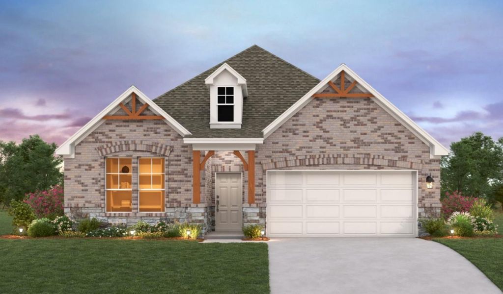 Front exterior of a new home in Willow Springs, Buda, TX, highlighting curb appeal (Image 1). Front exterior of a new home in Willow Springs, Buda, TX, highlighting curb appeal (Image 1).