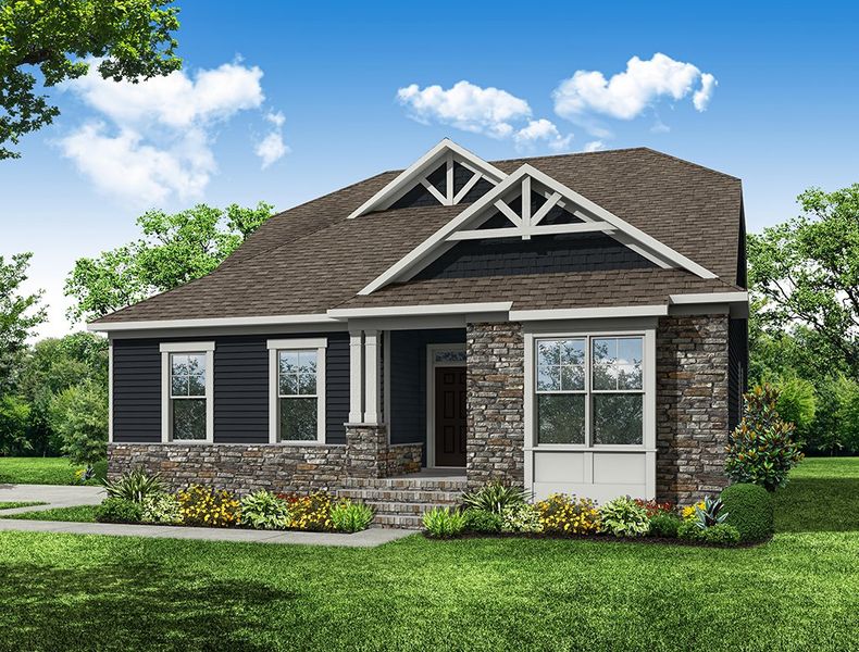 Representative exterior photo of a completed home built from the Wescott by Eastwood Homes in The Enclave at Hidden Lake - 55+ Community, Youngsville, NC (Image 5).