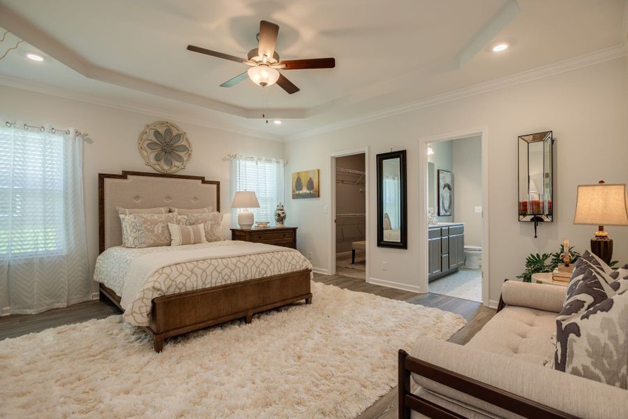 Stock photo of owner's suite situated downstairs , featuring tray ceiling and LED lighting