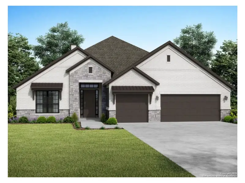 Front exterior of a new home in Ladera, San Antonio, TX, highlighting curb appeal (Image 1).