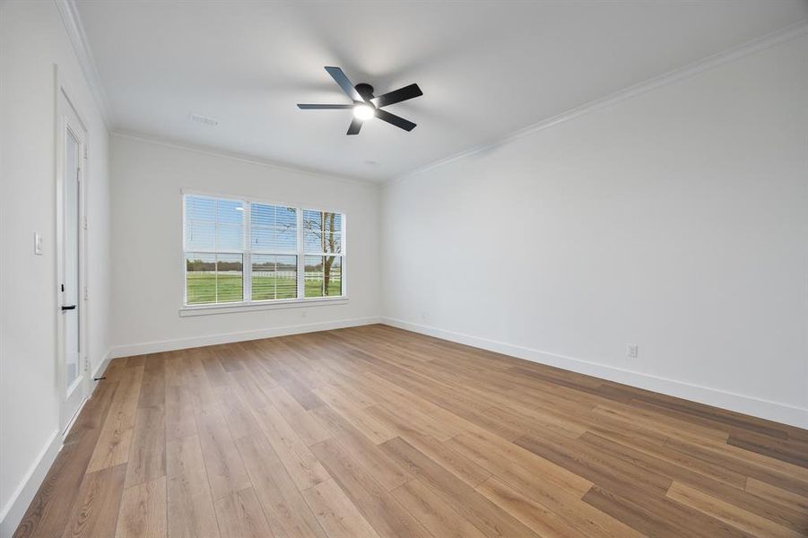 Empty room featuring crown molding, light wood finished floors, and ceiling fan