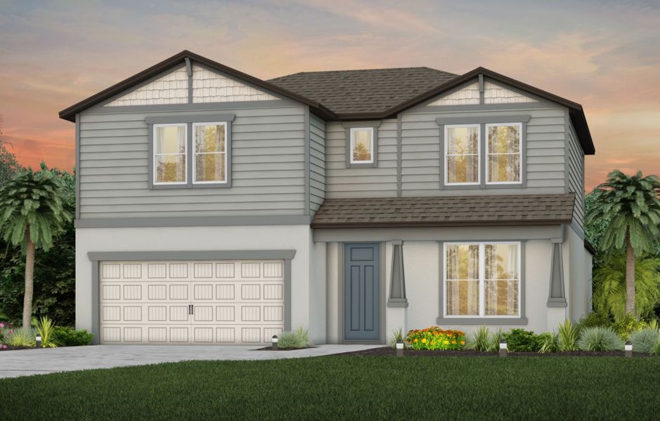 Front exterior of a new home in Evergreen, Thonotosassa, FL, highlighting curb appeal (Image 14).