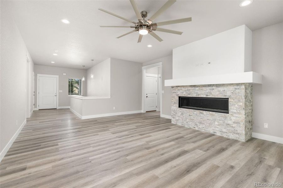 Beautiful gas fireplace..., looking back into entry way