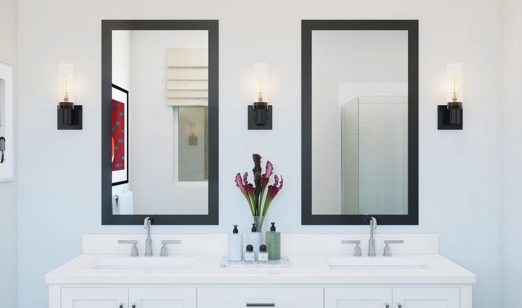 Primary bath with matte black mirrors and dual sinks