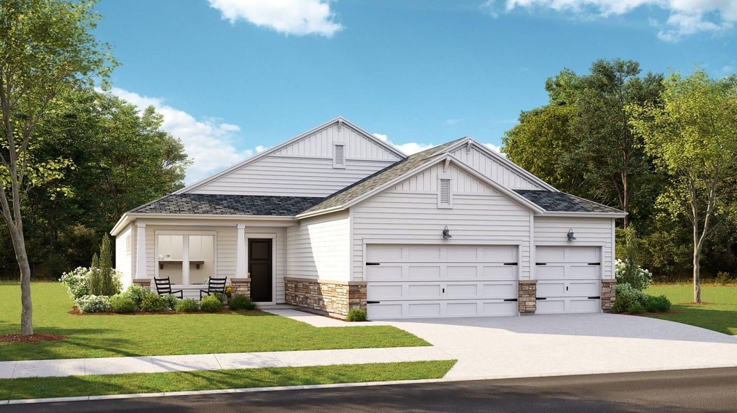 Front exterior of a new home in Horizons at Summers Corner | 55+: The Estates, Summerville, SC, highlighting curb appeal (Image 1).