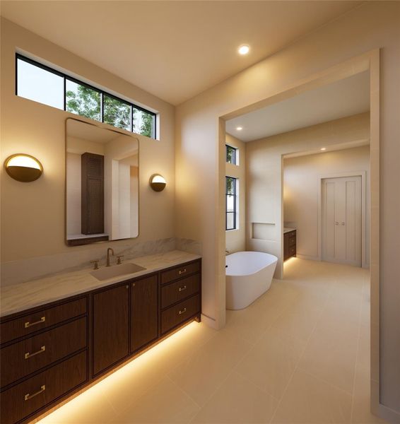 Designed for unwinding, this bath blends understated elegance with thoughtful functionality. Elevated finishes, ambient lighting, and a serene layout come together to create a space that feels effortlessly restorative.