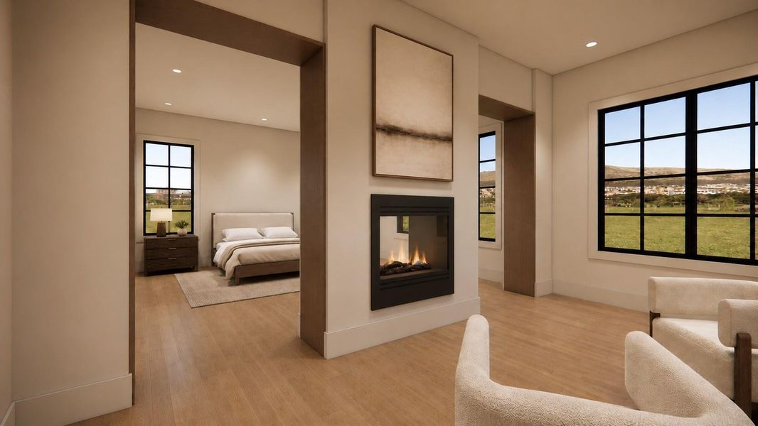 Rendering: Primary suite with double sided fireplace and sitting room.