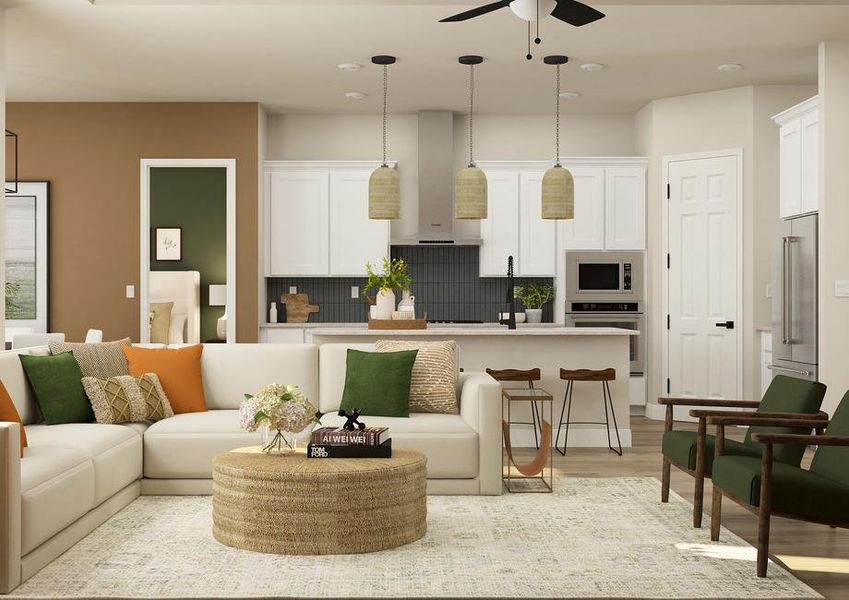 Rendering highlighting the open floor
  plan in the Iris. The beautiful kitchen overlooks the spacious living room.