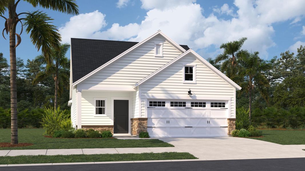 Front exterior of a new home in Horizons at Carnes Crossroads | 55+: Cottage Collection, Summerville, SC, highlighting curb appeal (Image 1). Front exterior of a new home in Horizons at Carnes Crossroads | 55+: Cottage Collection, Summerville, SC, highlighting curb appeal (Image 1).