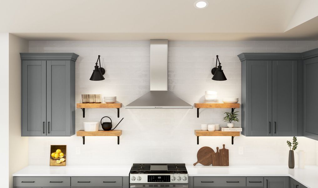 Kitchen with floating shelves and stainless steel hood Kitchen with floating shelves and stainless steel hood