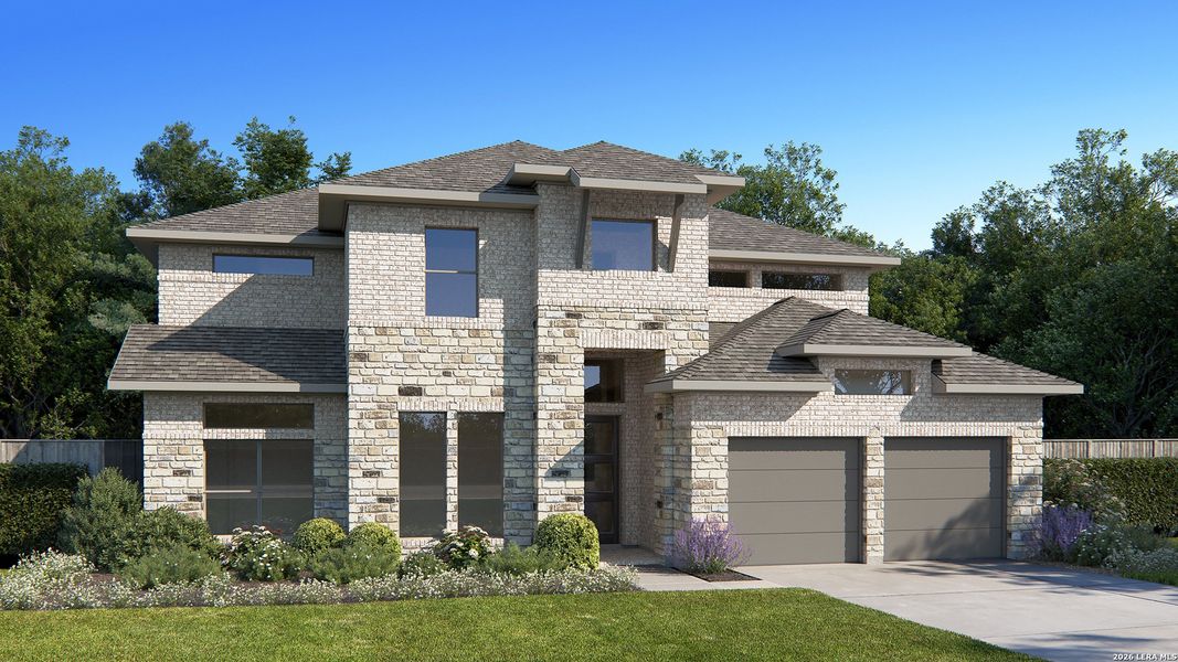 Front exterior of a new home in Kallison Ranch, San Antonio, TX, highlighting curb appeal (Image 1). Front exterior of a new home in Kallison Ranch, San Antonio, TX, highlighting curb appeal (Image 1).
