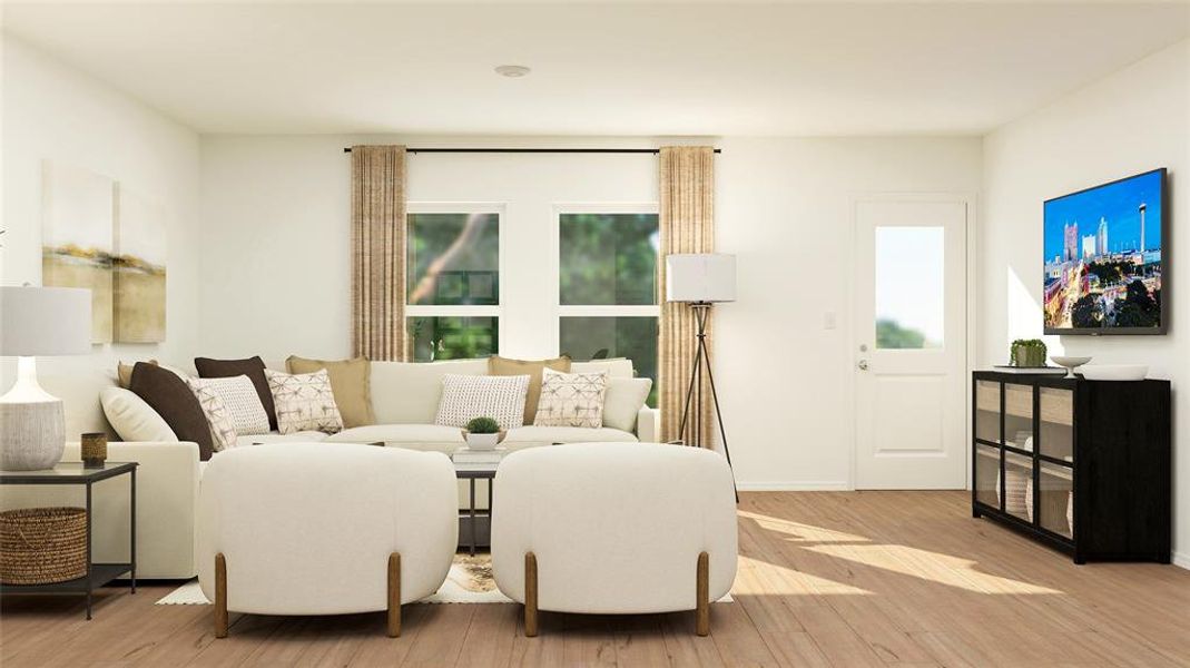 Living room with light hardwood / wood-style flooring