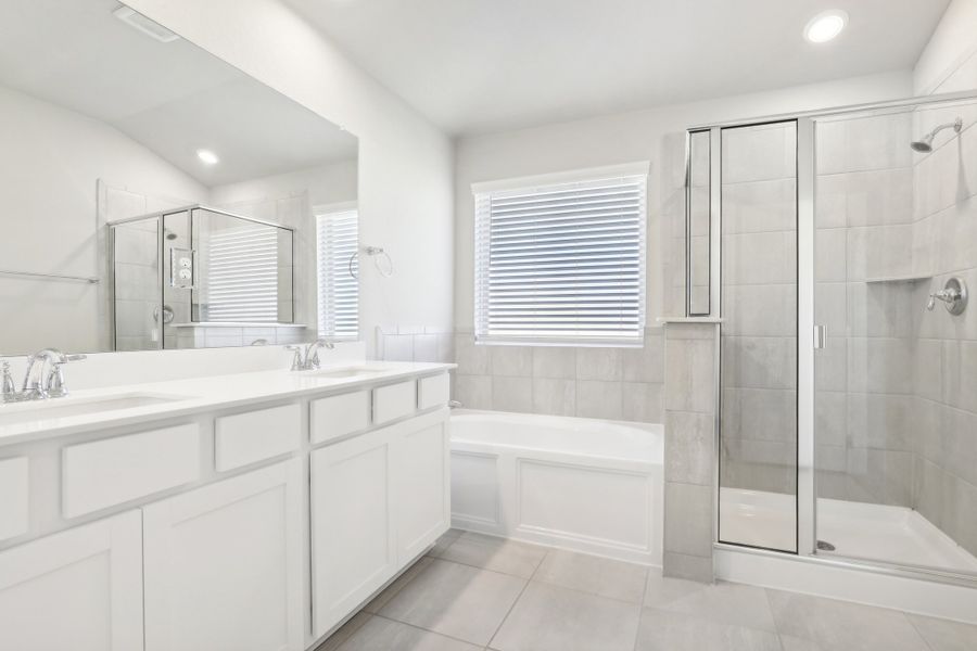 Primary suite bathroom in the Oleander floorplan at a Meritage Homes community. Primary suite bathroom in the Oleander floorplan at a Meritage Homes community.