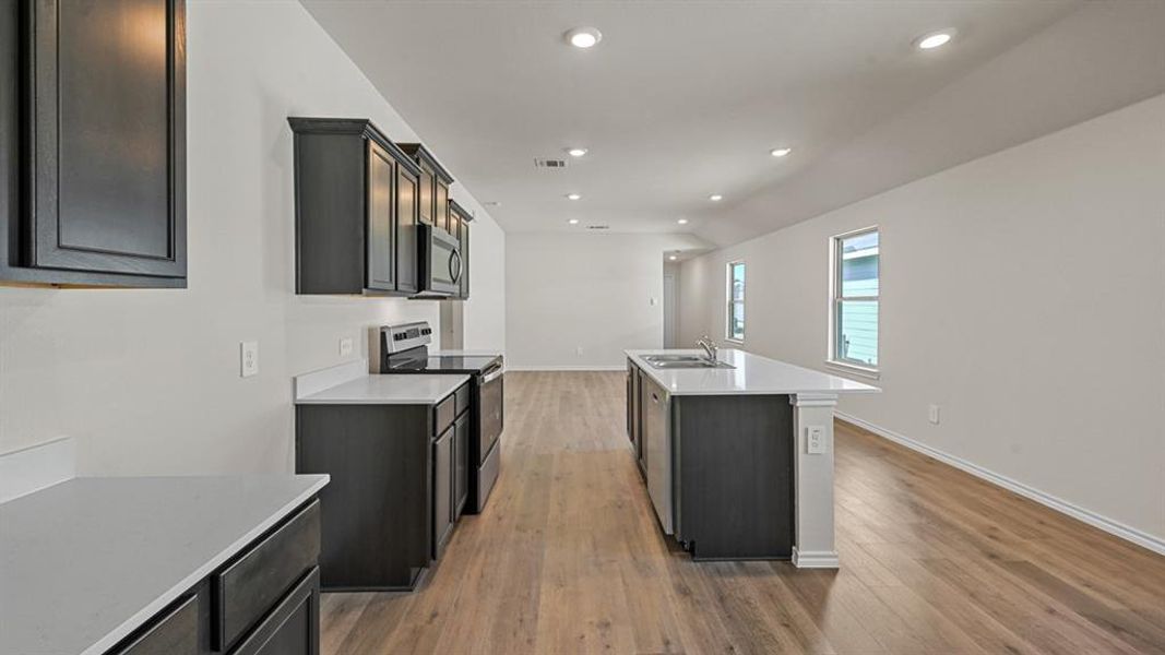 Kitchen featuring dark cabinetry, light countertops, stainless steel appliances, and wood-finish flooring
