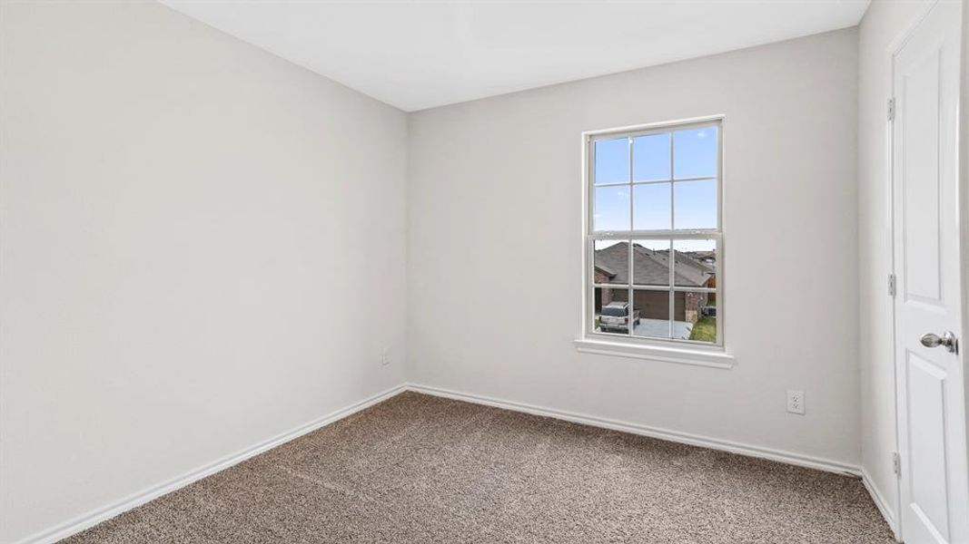 Neutral-toned interior room featuring light gray walls, plush gray carpeting, white baseboards, and a white window frame with divided lites