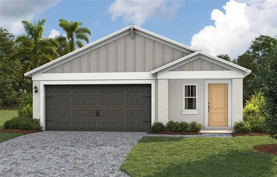 Front exterior of a new home in Pasadena Ridge, Zephyrhills, FL, highlighting curb appeal (Image 1).
