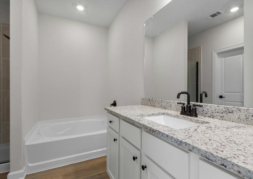 The master bathroom features a luxurious countertop and full mirror.