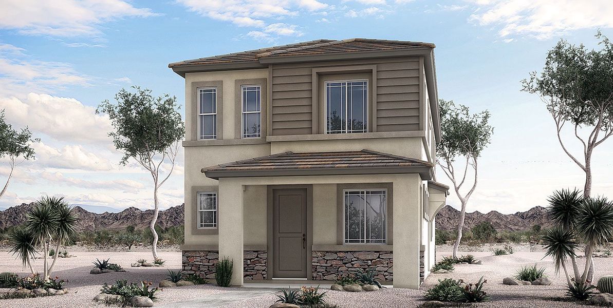 Front exterior of a new home in Ironwood Villages at North Creek, Queen Creek, AZ, highlighting curb appeal (Image 21).