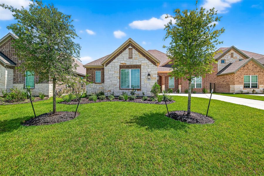 Front exterior of a new home in Sierra Vista, Iowa Colony, TX, highlighting curb appeal (Image 1). Front exterior of a new home in Sierra Vista, Iowa Colony, TX, highlighting curb appeal (Image 1).