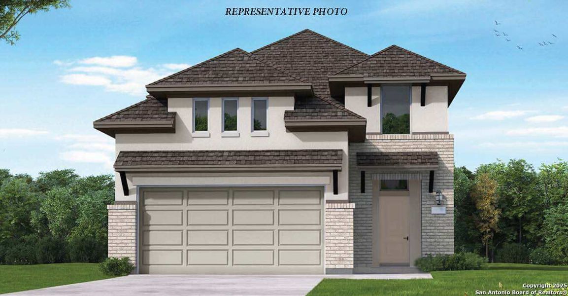 Front exterior of a new home in Rhine Valley, Schertz, TX, highlighting curb appeal (Image 1). Front exterior of a new home in Rhine Valley, Schertz, TX, highlighting curb appeal (Image 1).