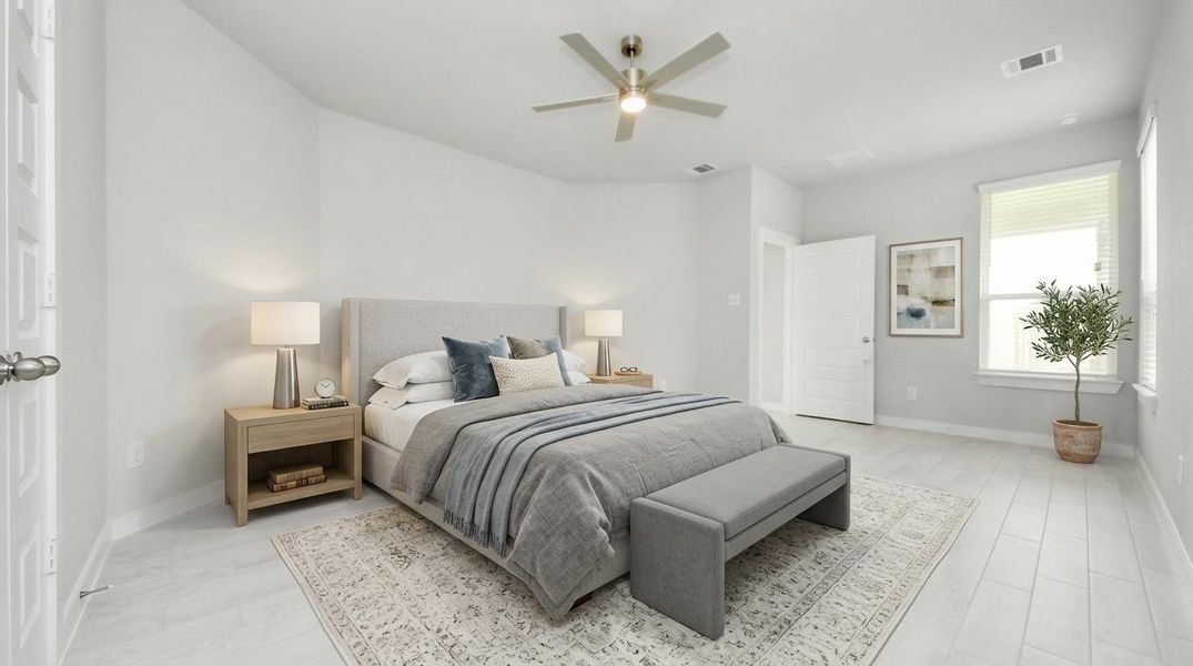 Virtually Staged - Primary Bedroom. Sample photo of completed home with similar floor plan. Actual colors and selections may vary. Virtually Staged - Primary Bedroom. Sample photo of completed home with similar floor plan. Actual colors and selections may vary.