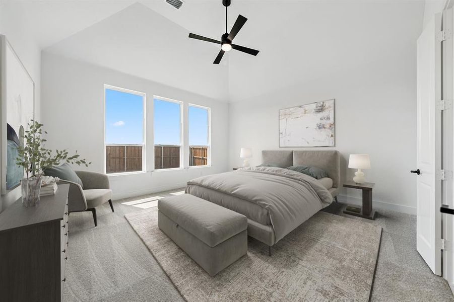 Bedroom with high vaulted ceiling, a ceiling fan, and carpet flooring