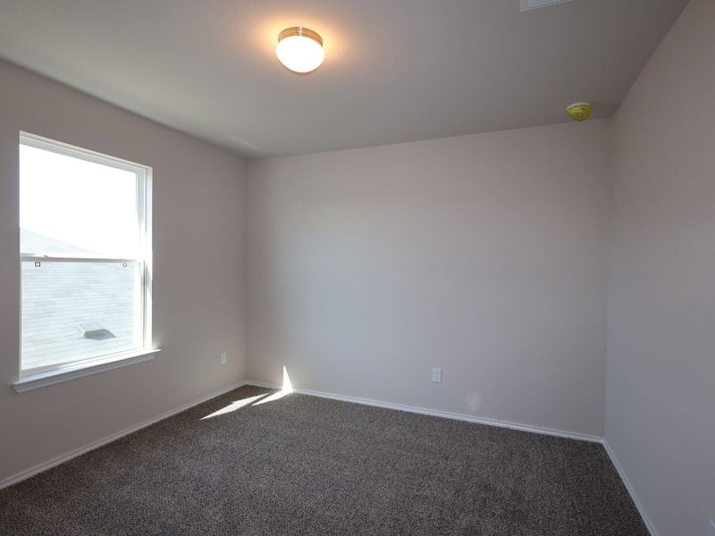 Empty room with dark colored carpet and baseboards