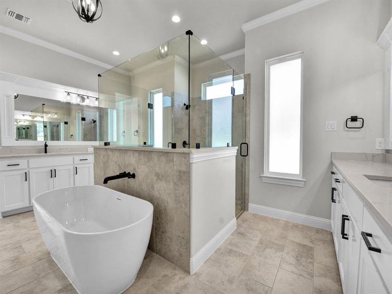 Bathroom with vanity, a healthy amount of sunlight, and separate shower and tub