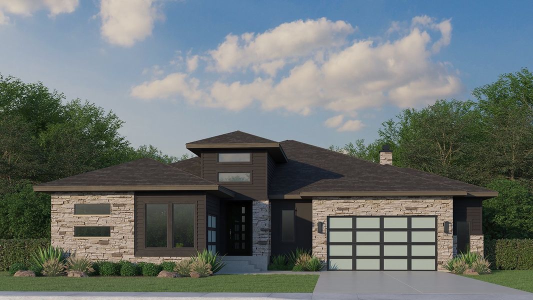 Front exterior of a new home in The Greens at RainDance National, Windsor, CO, highlighting curb appeal (Image 1). Front exterior of a new home in The Greens at RainDance National, Windsor, CO, highlighting curb appeal (Image 1).