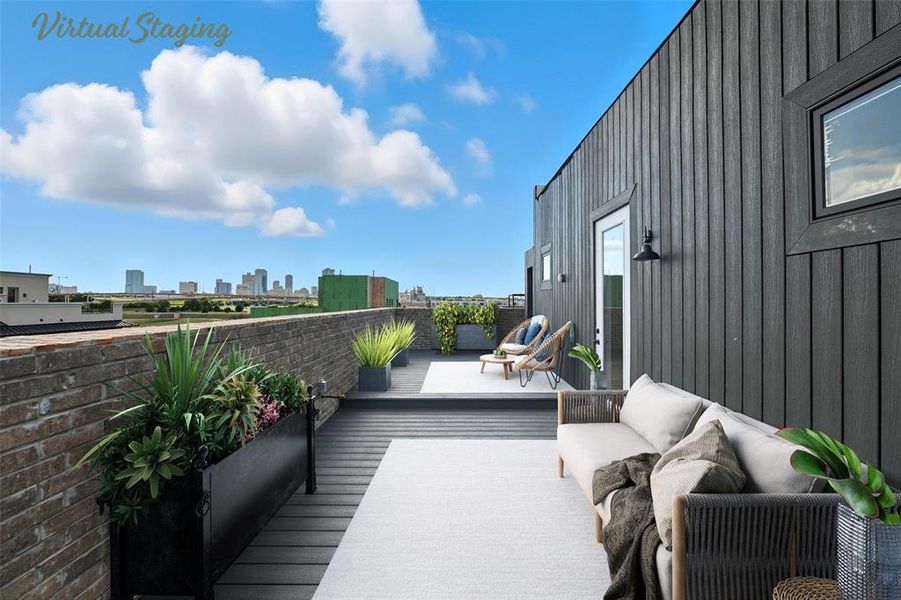 Wooden deck featuring a view of skyline and an outdoor living space