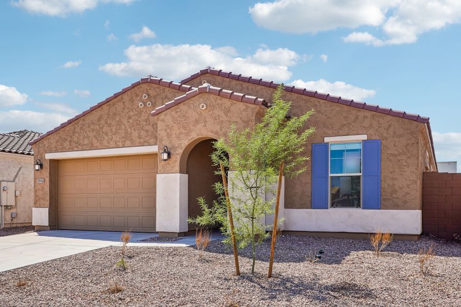 Front exterior of a new home in Hawes Crossing, Mesa, AZ, highlighting curb appeal (Image 26).