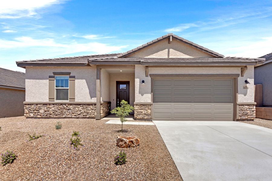 Front exterior of a new home in Saguaro Reserve II, Marana, AZ, highlighting curb appeal (Image 1). Front exterior of a new home in Saguaro Reserve II, Marana, AZ, highlighting curb appeal (Image 1).