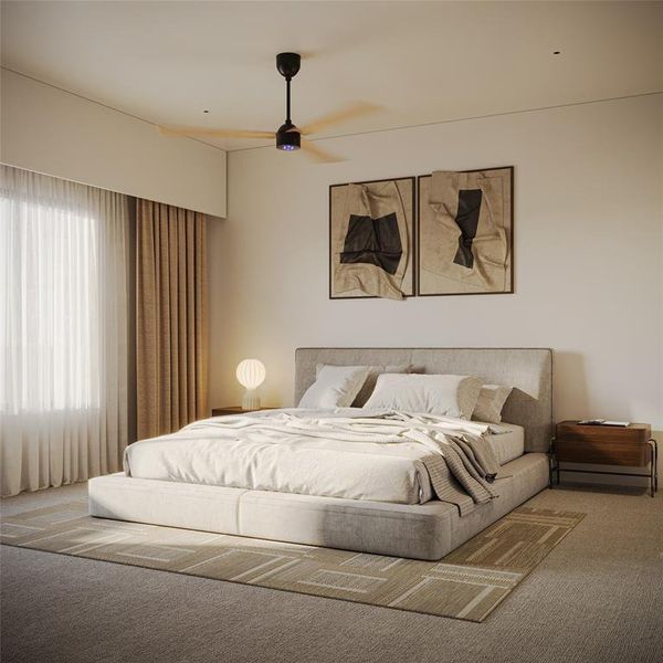 Bedroom featuring carpet and ceiling fan