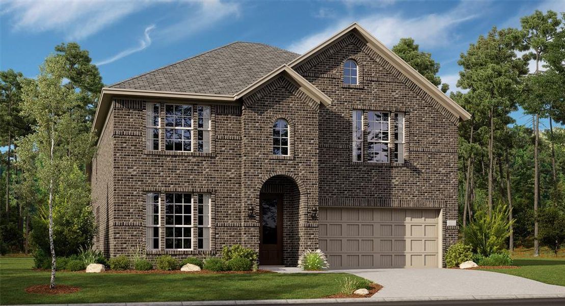 View of front of property with a front yard and a garage