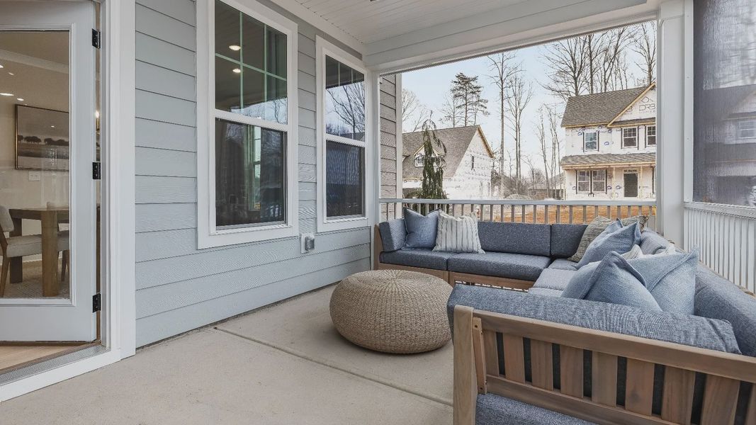Stonefield home plan rear screened in porch with ceiling fan Stonefield home plan rear screened in porch with ceiling fan