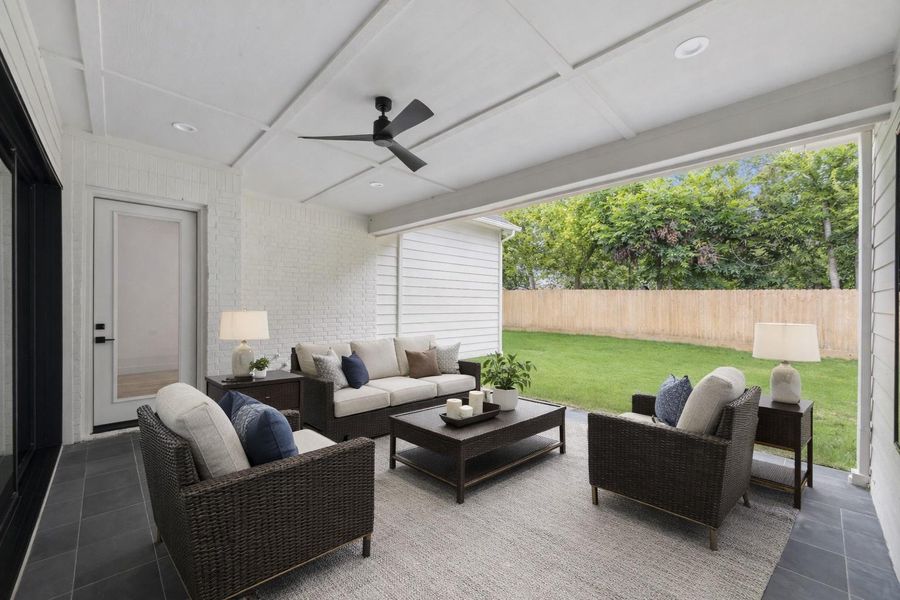 Spacious covered patio with ceiling fan and outdoor hookups—ready for future kitchen build-out or weekend hangouts overlooking the backyard. *Virtually Staged* Spacious covered patio with ceiling fan and outdoor hookups—ready for future kitchen build-out or weekend hangouts overlooking the backyard. *Virtually Staged*