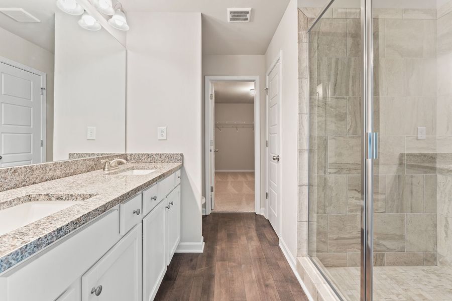 Primary bath with dual vanities and optional super shower