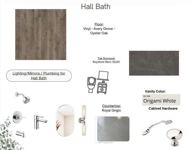 Design Selections. Detailing material and fixture specifications for the property's hall bath