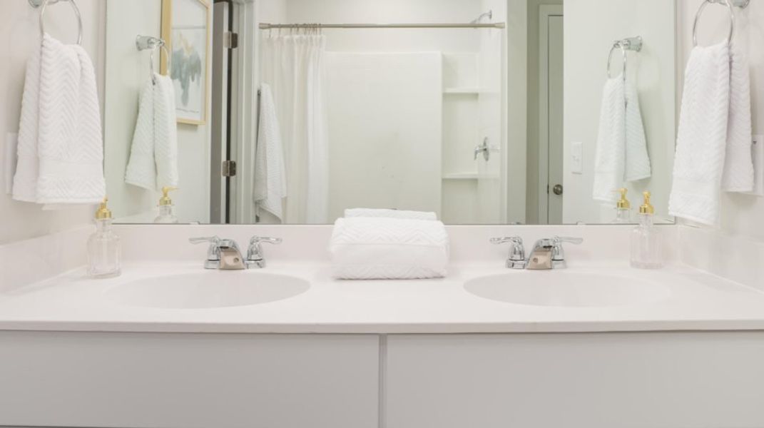 stylish vanity with dual sinks and a fiberglass shower with built-in shelves