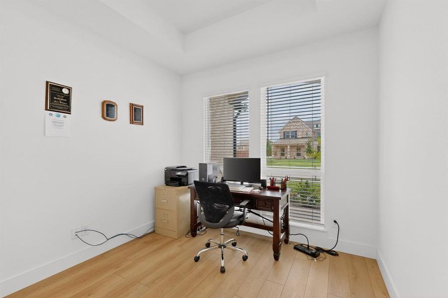 Bright room featuring light wood-finish flooring, white walls, and a tray ceiling detail Bright room featuring light wood-finish flooring, white walls, and a tray ceiling detail