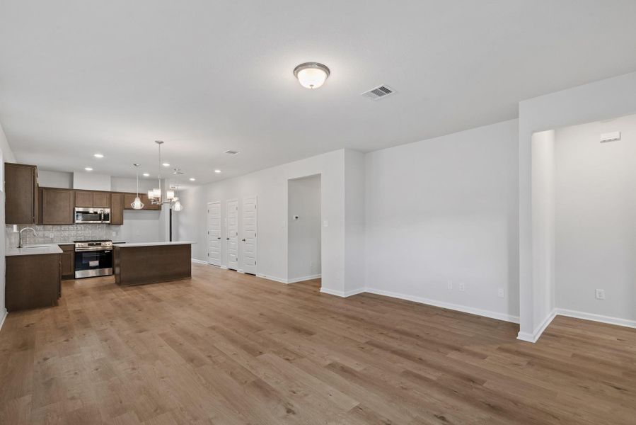 The Kettering II- Family Room into Dining Area and Kitchen