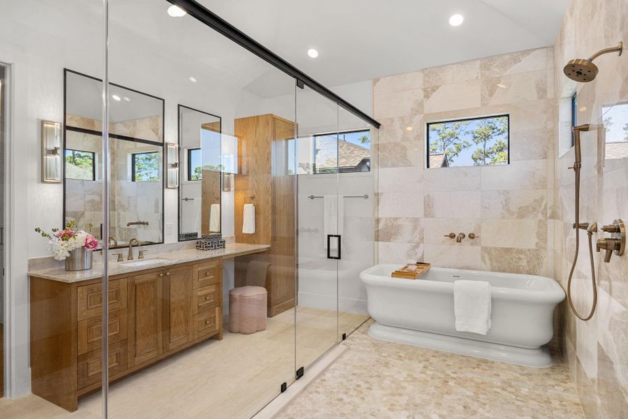 Massive Walk-in shower w/ dual shower fixtures & full sized soak tub Massive Walk-in shower w/ dual shower fixtures & full sized soak tub