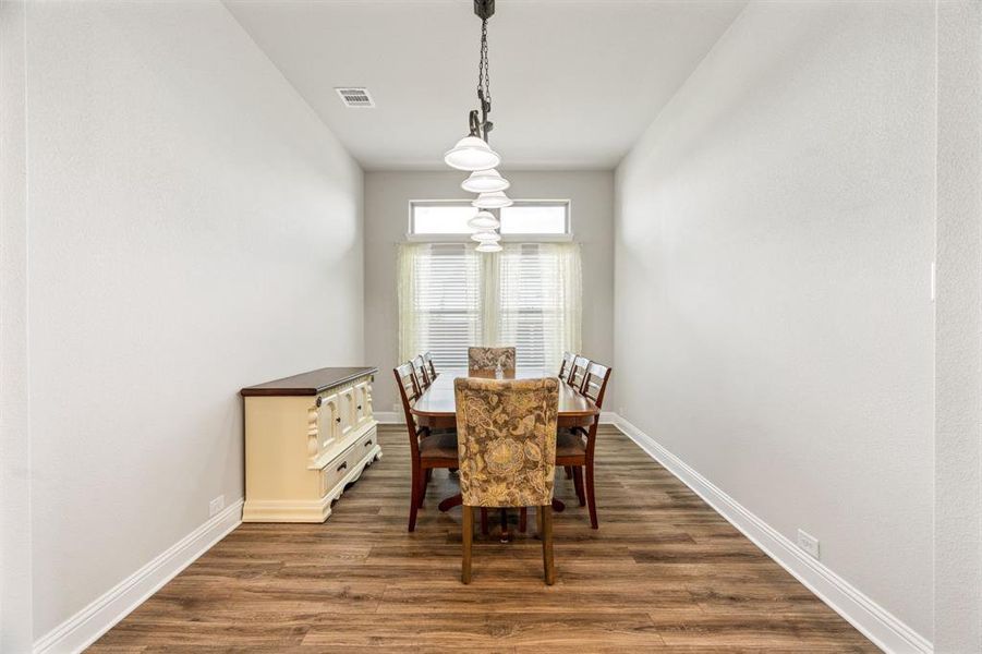 Dedicated dining area featuring wood-finish flooring, white baseboards, and a series of pendant lights Dedicated dining area featuring wood-finish flooring, white baseboards, and a series of pendant lights