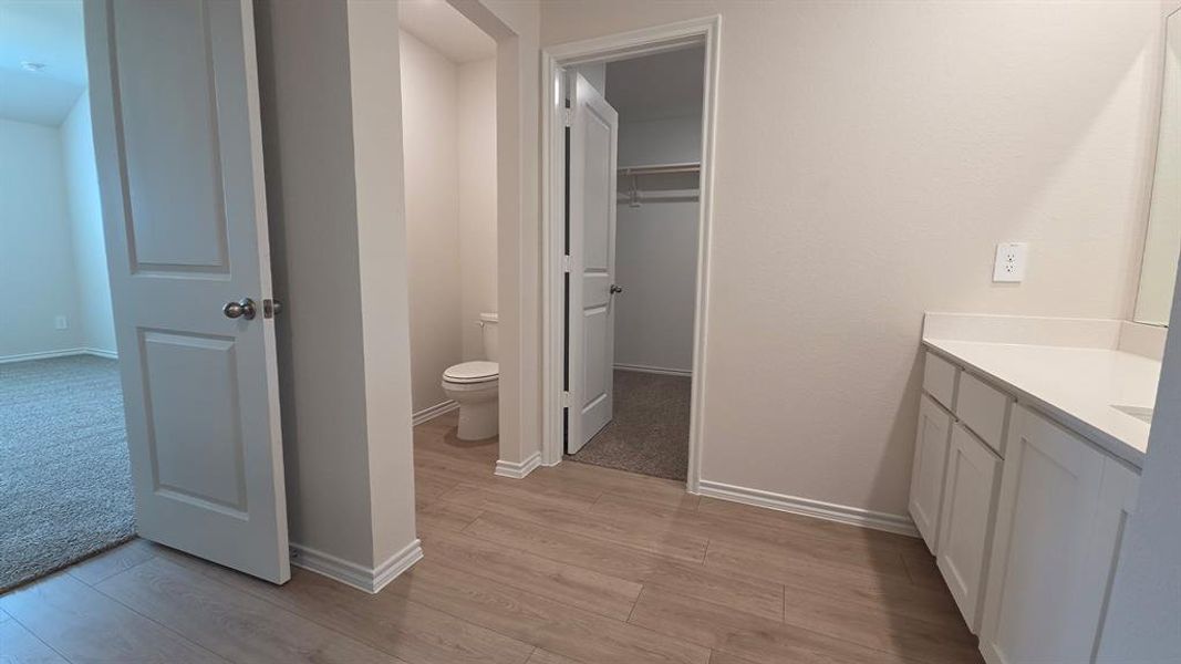 Bathroom featuring wood-finish flooring, a white vanity with an integrated sink, and a commode in a separate alcove