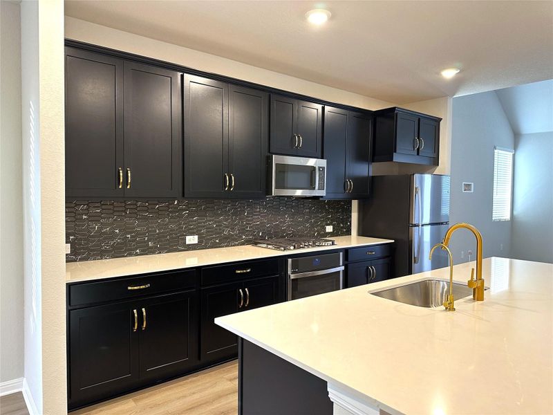 Kitchen featuring stainless steel appliances, a sink, sleek black cabinetry, LVP floors, and quartz countertop Kitchen featuring stainless steel appliances, a sink, sleek black cabinetry, LVP floors, and quartz countertop