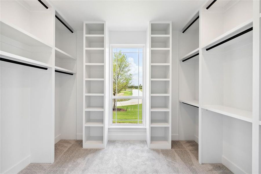 Walk in closet featuring light carpet