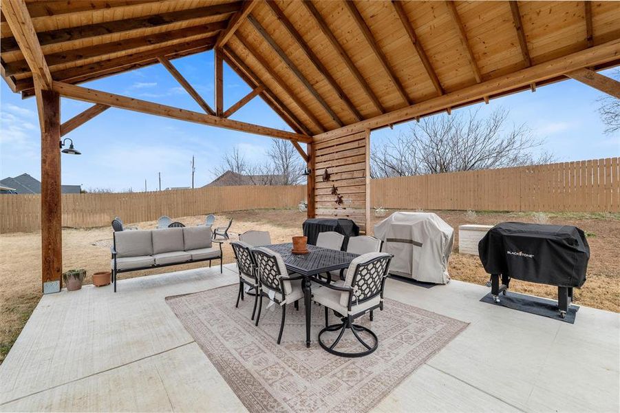 View of patio / terrace featuring an outdoor hangout area, a gazebo, and grilling area